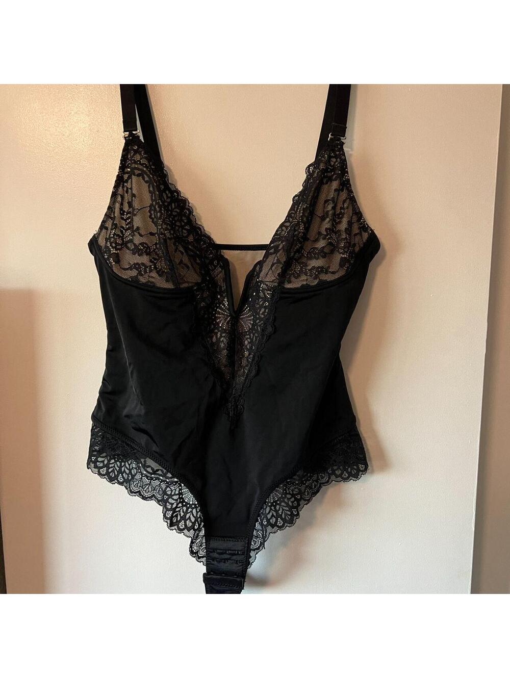 Black Lace Plunge Shapewear Bodysuit Built-In Cups Adjustable Straps